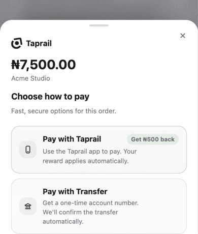 Taprail checkout payment sheet