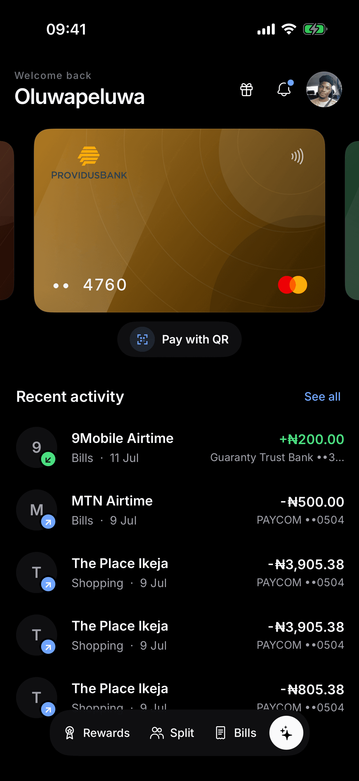 Taprail wallet showing bank cards and recent activity in dark mode