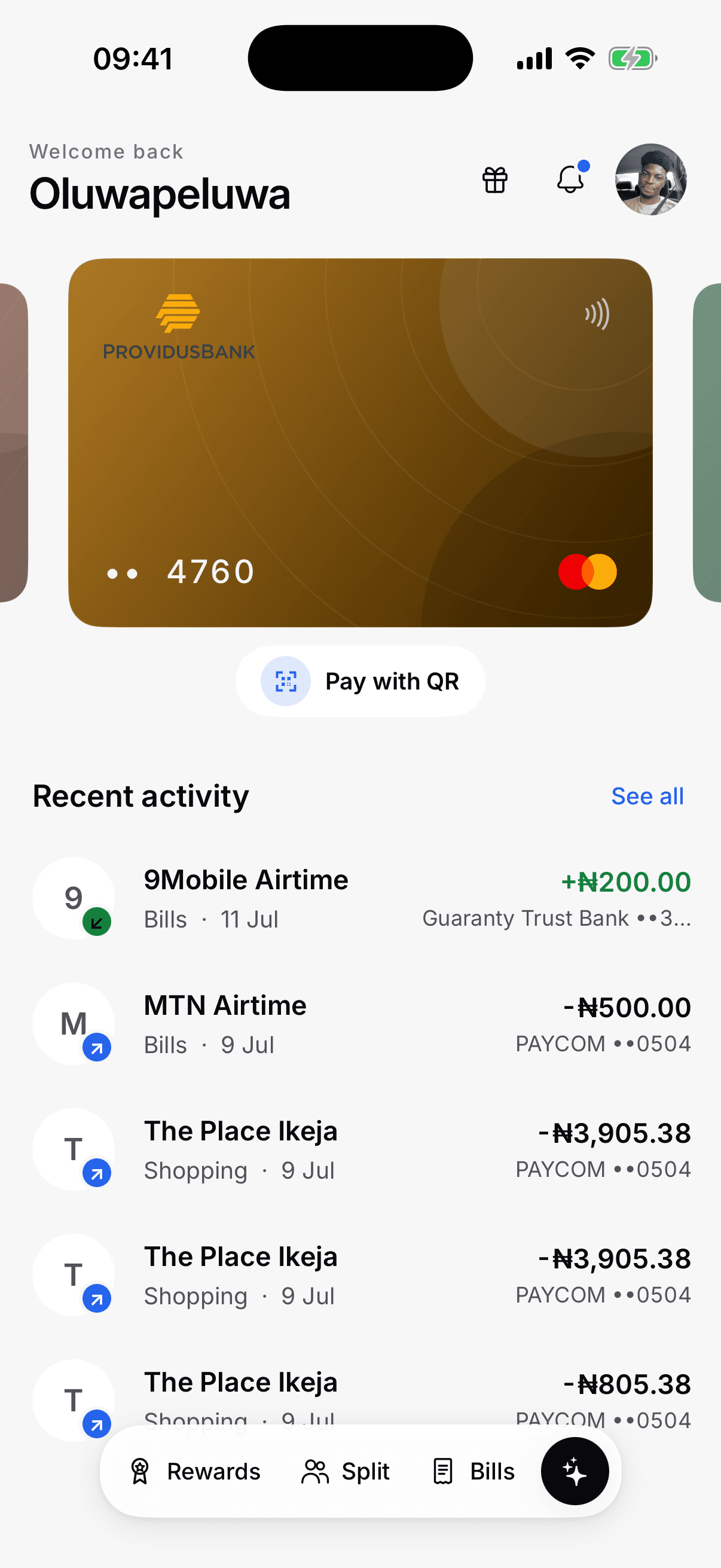 Taprail wallet showing bank cards and recent activity in light mode